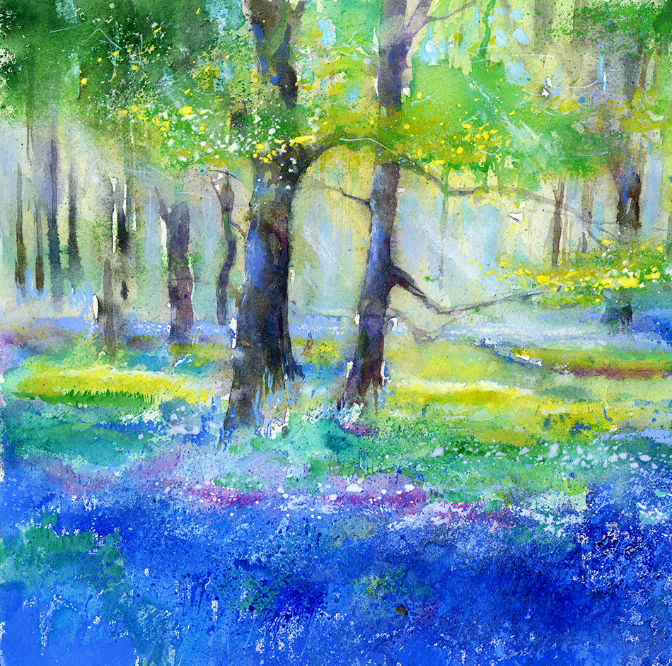 Among the Bluebells Giclée print by Sheila Gill - English bluebell woodland watercolour wall art
