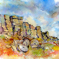 Mill Stones Under Stanage Edge, Watercolour painting of stone ruins with a dramatic blue sky, featuring earthy tones of brown, orange, and yellow.