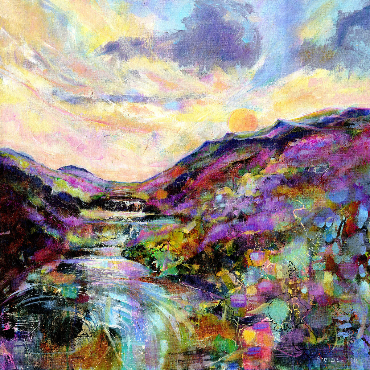Pools of Light Derbyshire Peak District Giclée art print by Sheila Gill - moorland river sunset wall art