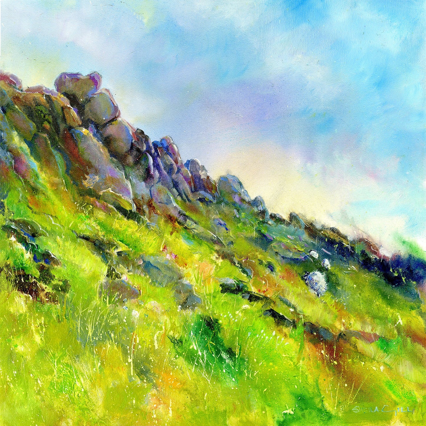 Sheep on Burbage Edge Peak District Derbyshire Giclée art print by Sheila Gill - grazing sheep gritstone edge wall art