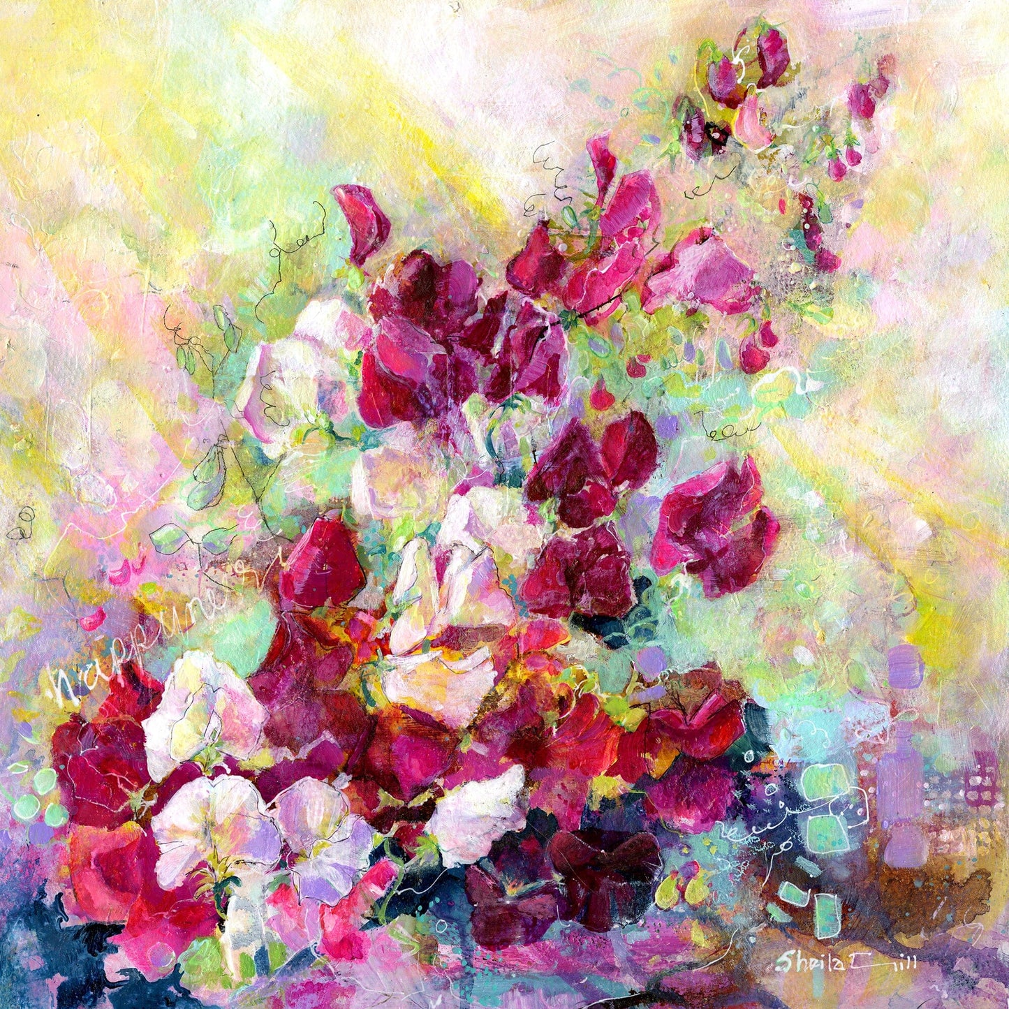 Sweet Peas - Flower Art Print semi abstract watercolour by artist Sheila Gill home decoration