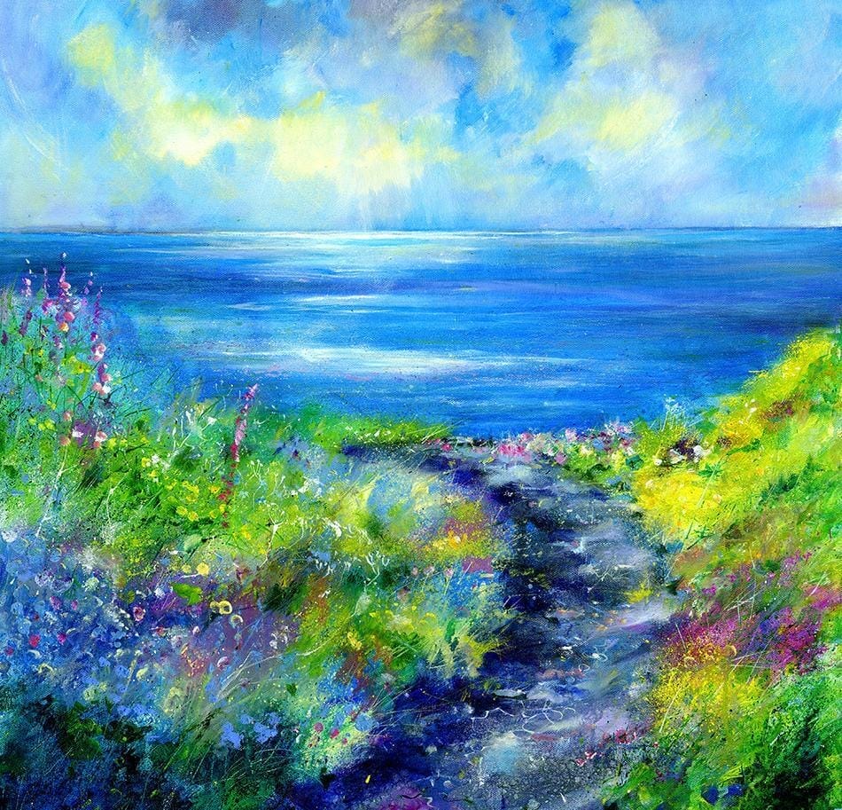 A Beautiful Day - Constantine Bay, Cornwall Seascape Art Print designed by artist Sheila Gill