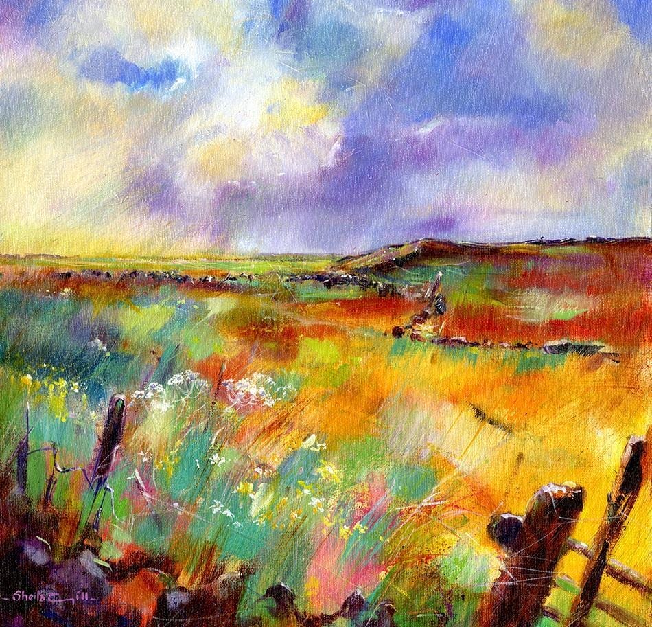 A Walk in May, onlooking Kinder Scout - Oil painting Derbyshire Landscape Print artist Sheila Gill