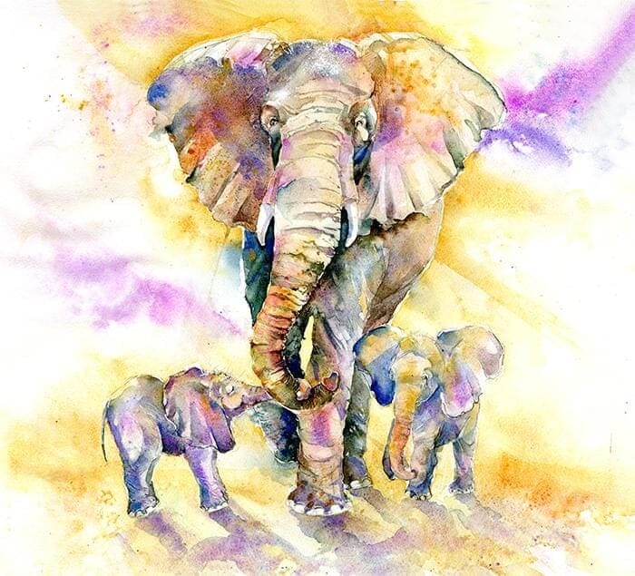 African Elephants Fine Art Picture Watercolour designed by artist Sheila Gill