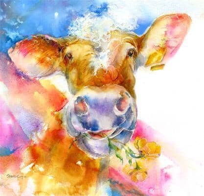 Daisy the Brown and White Cow Art Picture watercolour painted by artist Sheila Gill
