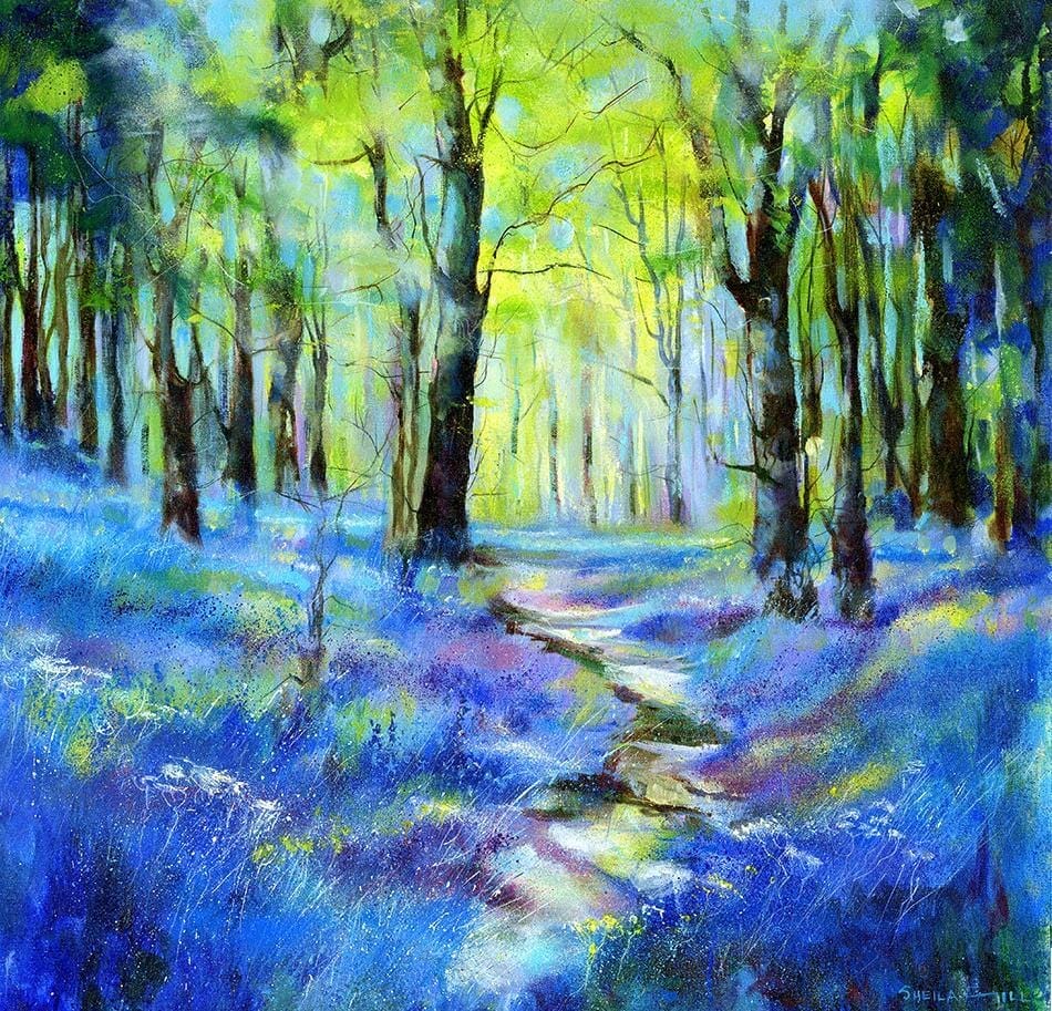 Bluebell Path Landscape Art Print from an oil painting by artist Sheila Gill