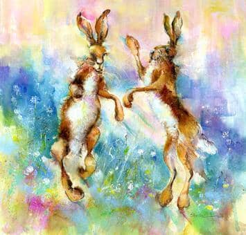 Dancing Hares Art Print designed by artist Sheila Gill