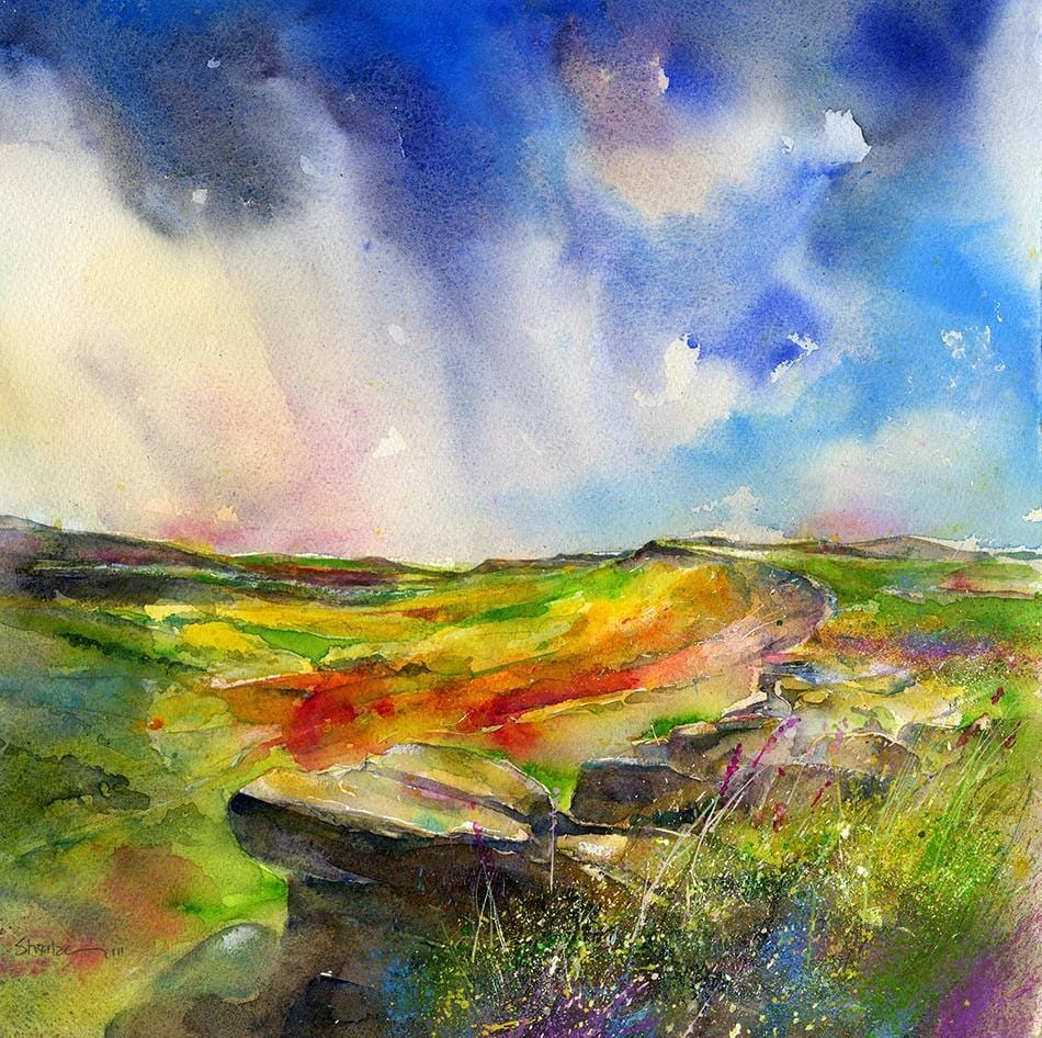 Incoming Rain - Stanage Edge, Peak District Watercolour Landscape Art Print by artist Sheila Gill