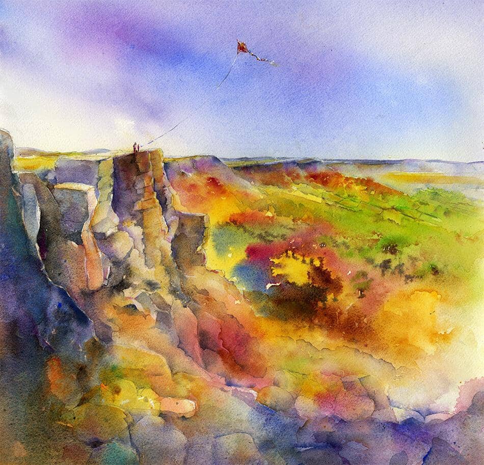 Kite Flying - Curbar Edge, Peak District Watercolour Landscape Art Print by artist Sheila Gill