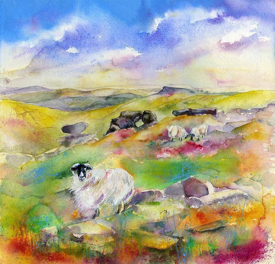 On the Edge - The Woolpacks, Kinder Scout Plateau Watercolour Derbyshire landscape by Sheila Gill
