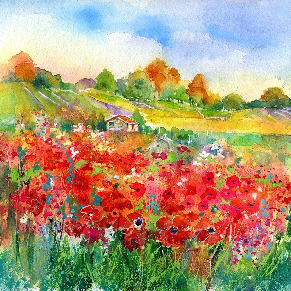 Red Poppy Field Watercolour Art Print designed by artist Sheila Gill