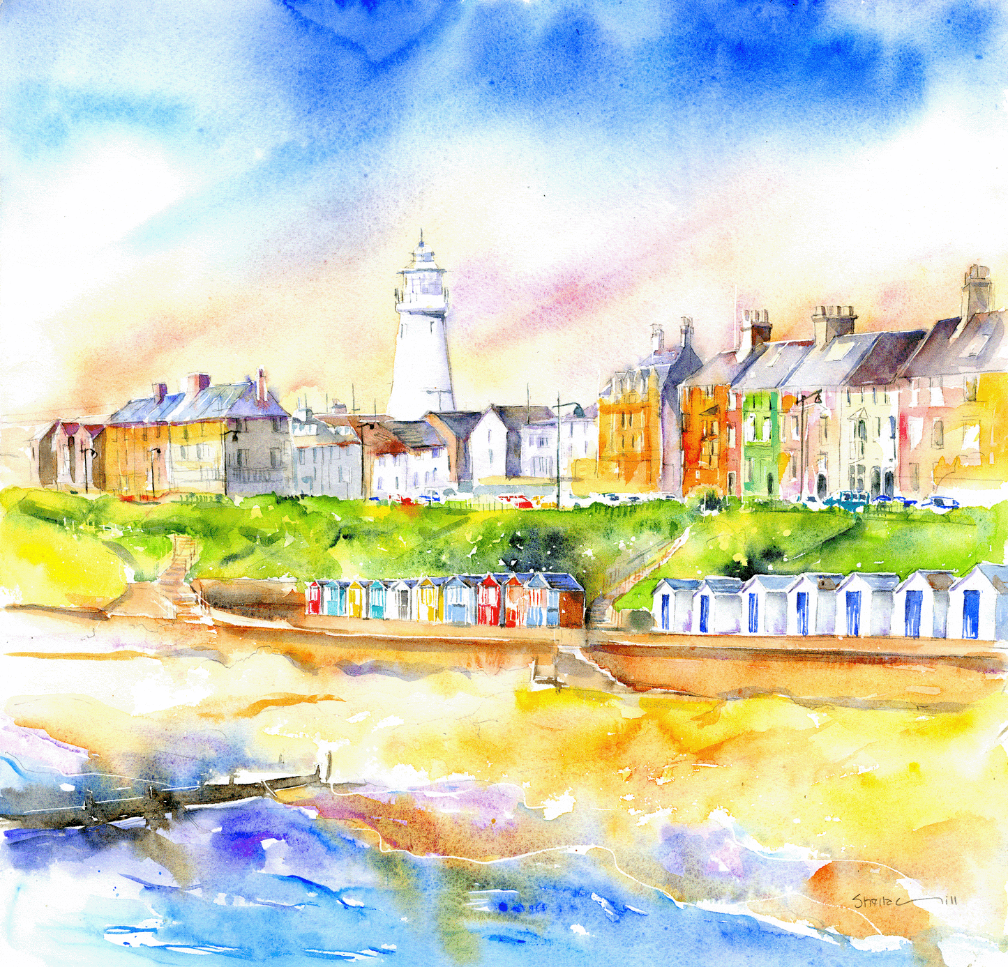 Southwold, Suffolk Picture with lighthouse and beach huts Watercolour painted by artist Sheila Gill