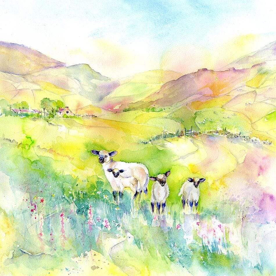 Spring Lambs on a Mountain hillside Art Picture watercolour painted by artist Sheila Gill