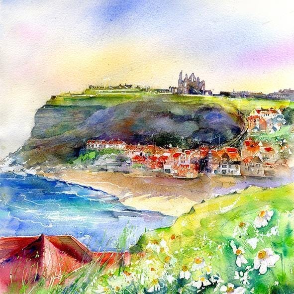 Whitby Yorkshire coastal village and Abby. Fine Art Print Watercolour painted by artist Sheila Gill