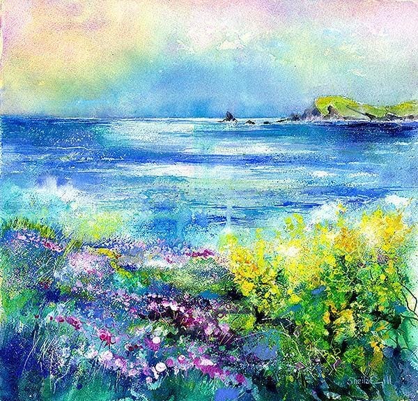 Yellow Gorse On the Coastal Path - Trevose Headland Art Print designed by artist Sheila Gill