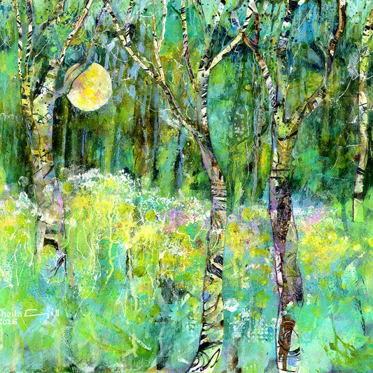 Watercolour painting of birch woods in the White Peak, Derbyshire, by Sheila Gill