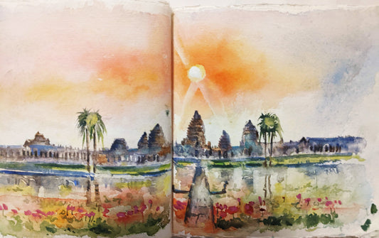 Watercolour painting of Angkor Wat at sunrise by Sheila Gill, with palm trees and lotus flowers