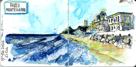 Watercolour sketchbook page by Sheila Gill of Paseo Mediterraneo, La Cala, with breaking waves