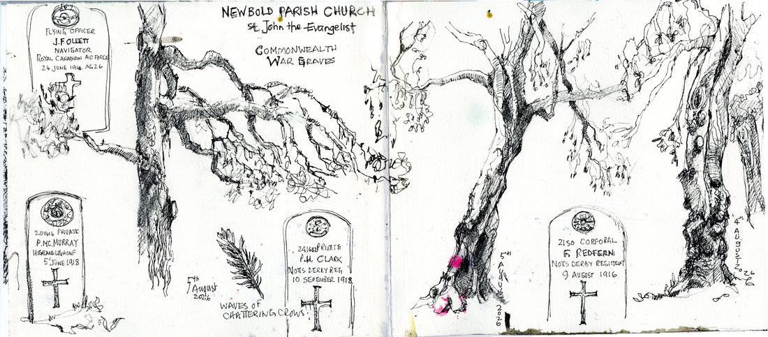 Sketchbook page titled Newbold Parish Church, St John the Evangelist, Commonwealth War Graves