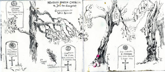 Sketchbook page titled Newbold Parish Church, St John the Evangelist, Commonwealth War Graves