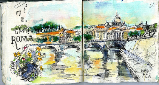 Watercolour and pen sketch of Roma with the Tiber bridges and St Peter's dome, February 2025, Sheila Gill sketchbook