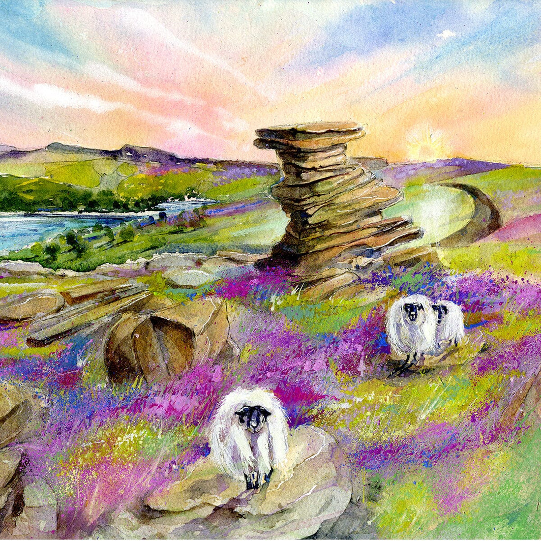 The Salt Cellar at Derwent Edge, Watercolour painting of the Salt Cellar rock formation at Derwent Edge in the Peak District, with purple heather moorland, grazing sheep and the Derwent Reservoir in the distance by Sheila Gill