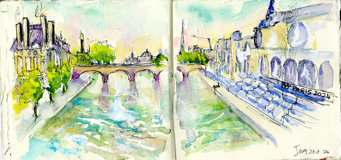View along the Seine towards Notre-Dame with Olympic security barriers along the embankment, Paris 2024