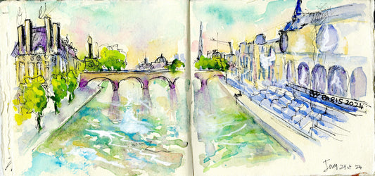 View along the Seine towards Notre-Dame with Olympic security barriers along the embankment, Paris 2024