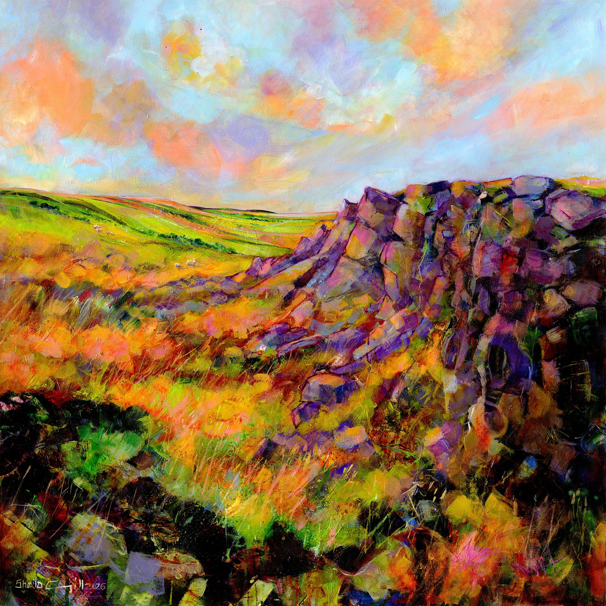 Curbar Gap Peak District National Park original oil and collage landscape painting by artist Sheila Gill