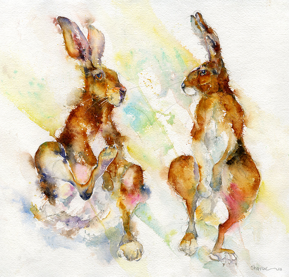 Farmyard Hares Art Print designed by artist Sheila Gill