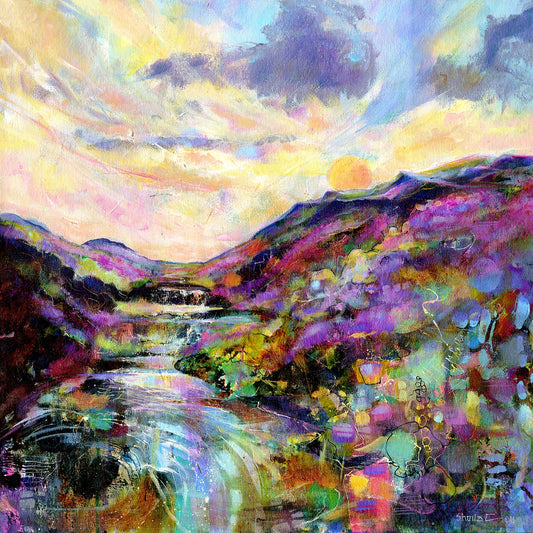 Pools of Light Derbyshire Peak District original oil painting by Sheila Gill - moorland river sunset wall art