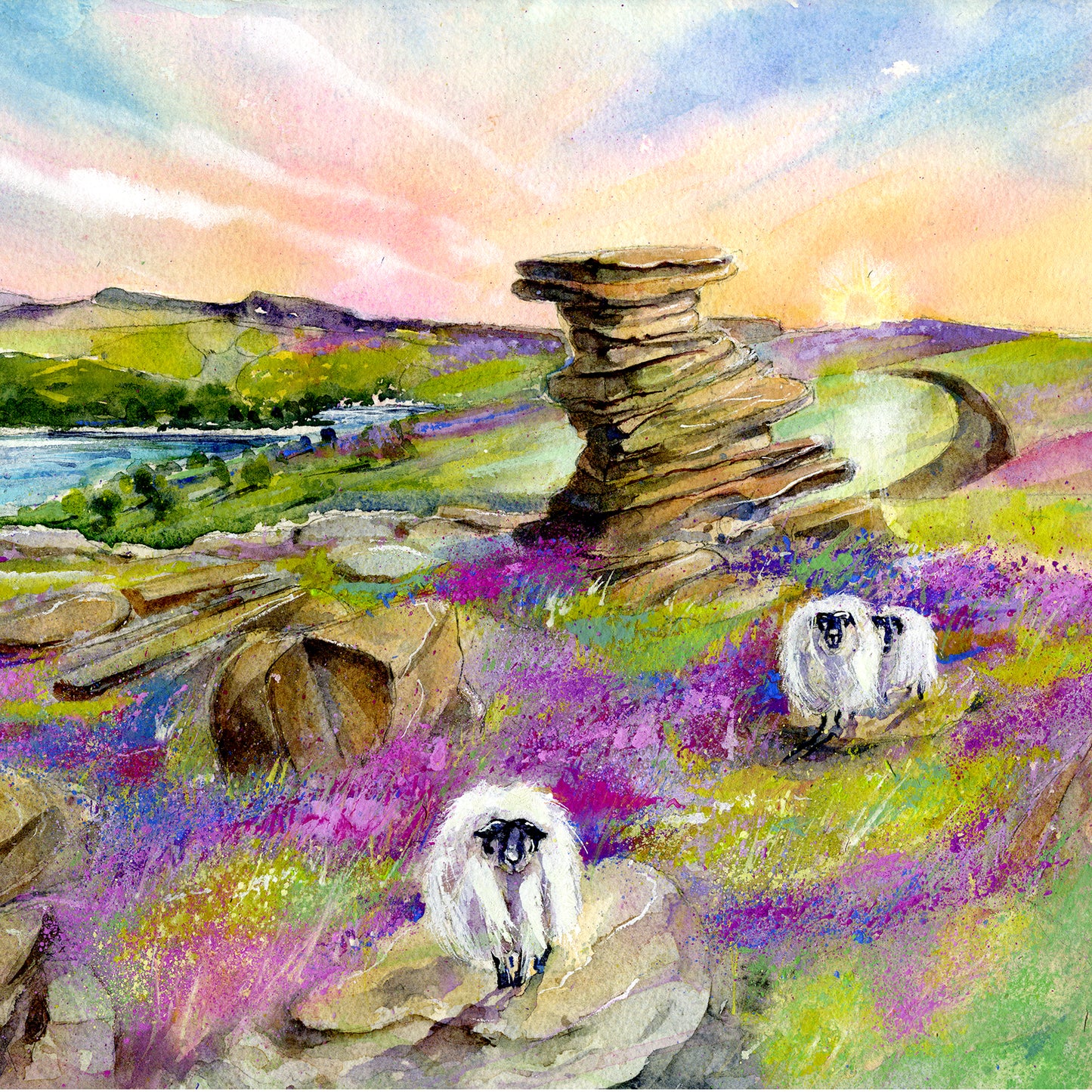 Watercolour giclée print of the Salt Cellar rock formation at Derwent Edge in the Peak District, with heather moorland and Derwent Reservoir in the background
