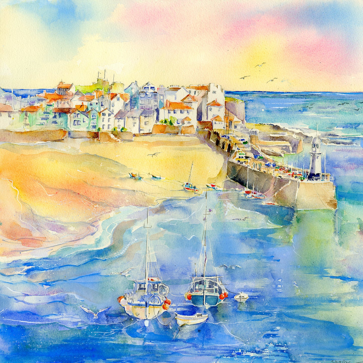 Watercolour painting of St Ives harbour at sunset, Cornwall, by Sheila Gill