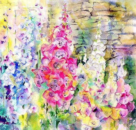 Foxgloves in the Walled Garden watercolour giclée print by Sheila Gill