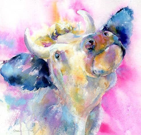 Black and White fine art picture Watercolour Cows Art Print designed by artist Sheila Gill
