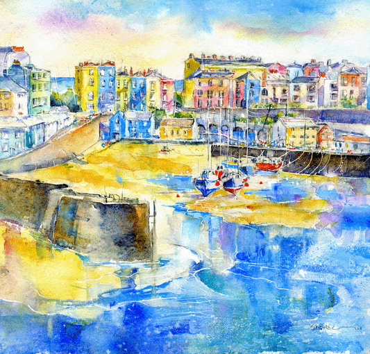 Tenby Art Print Welsh coastal village watercolour designed by artist Sheila Gill
